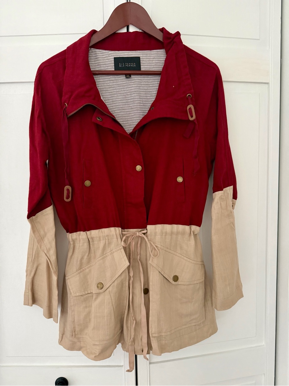 Blu Pepper Burgundy and Beige Two-Tone Drawstring Utility Jacket